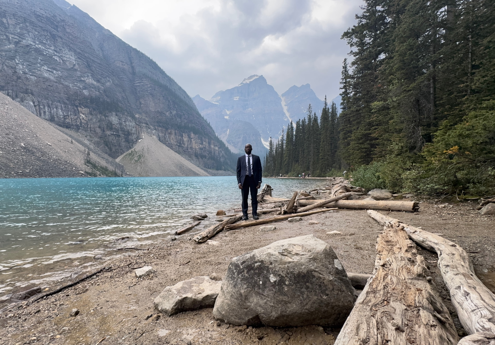 A glacial lake beneath snow-dusted peaks in the Canadian Rockies