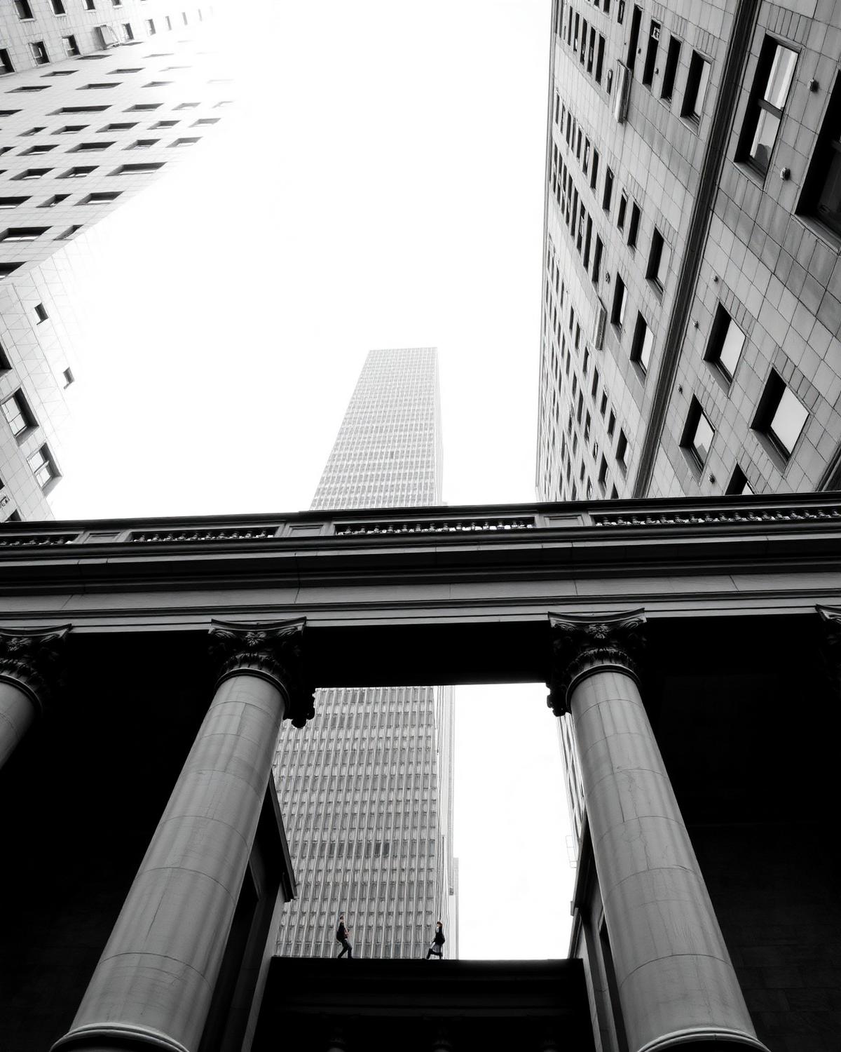 Placeholder: classical stone columns beside a tower in lower Manhattan